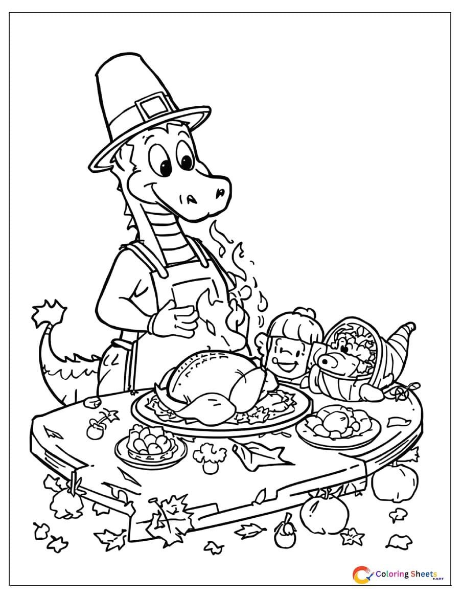 Cartoon Thanksgiving dragon coloring page in pilgrim hat using fire breath to warm a feast table with animal family and autumn decorations , free printable PDF