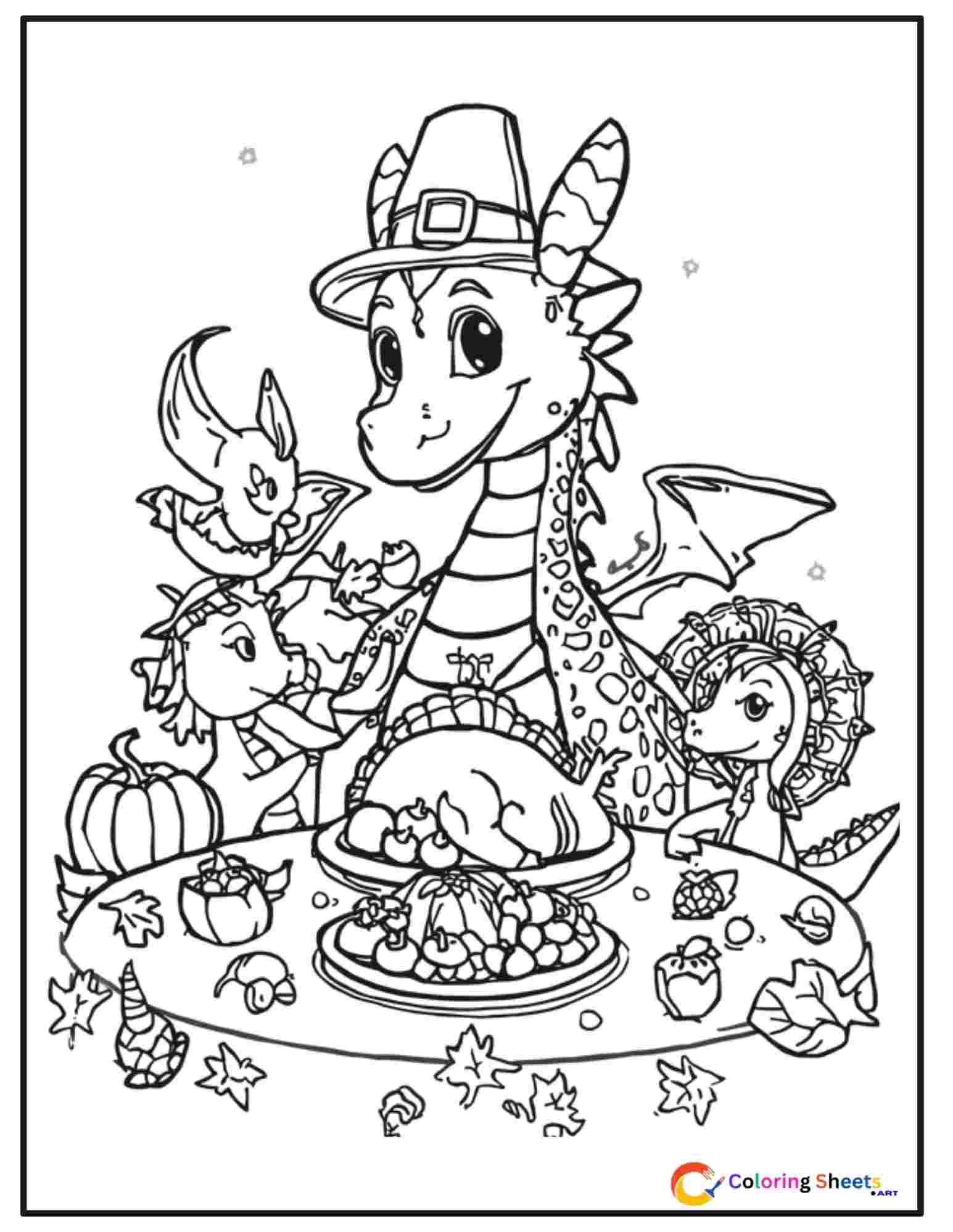 Thanksgiving coloring page of a dragon wearing a pilgrim hat at a feast table using its flame to warm a turkey surrounded by autumn decorations