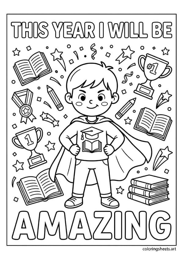 This Year I Will Be Amazing back to school coloring page with child in superhero pose surrounded by trophies stars medals books and confetti — free printable PDF