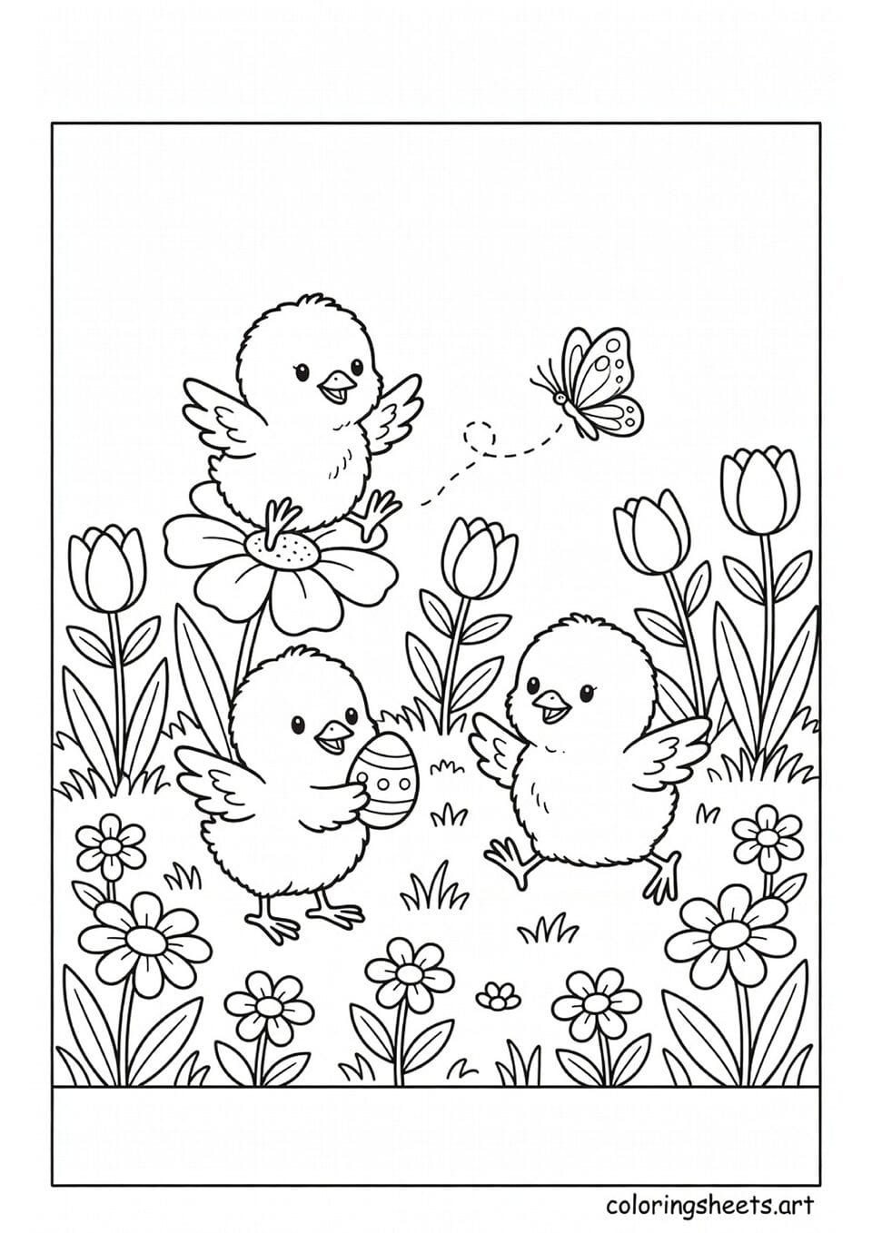 Three fluffy baby chicks playing in a spring garden with flowers and butterfly coloring page for kids — free printable PDF