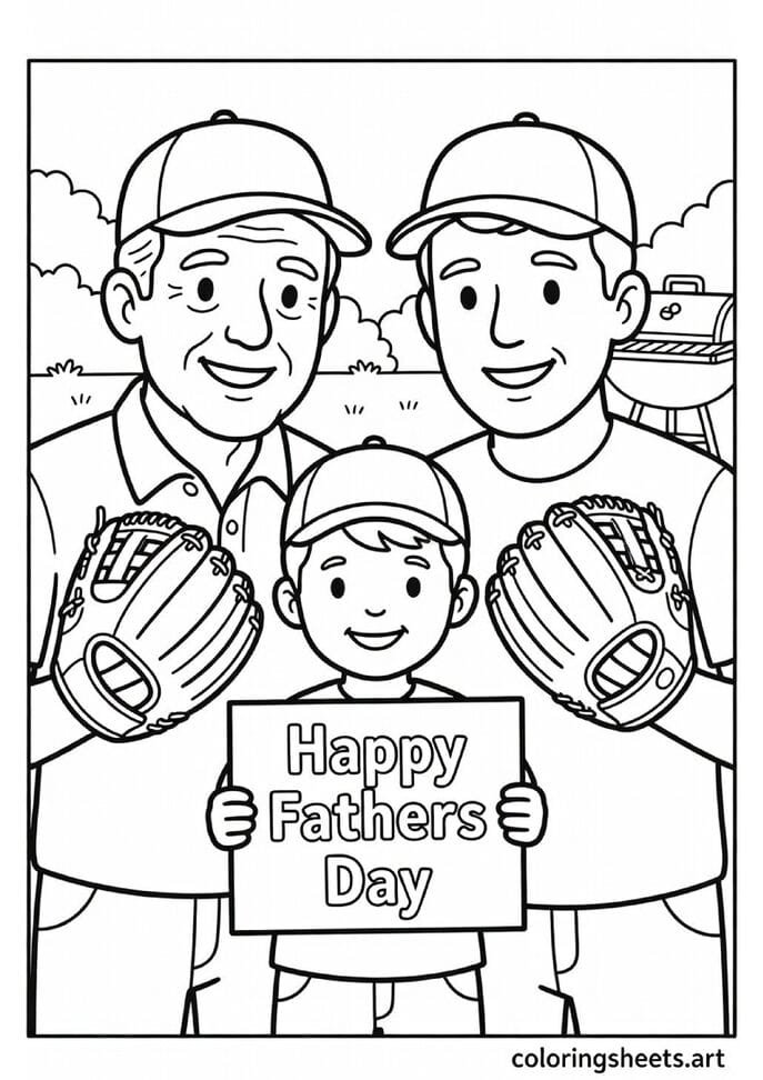 Three generations grandpa dad and grandchild in matching baseball caps with Happy Fathers Day sign and American summer backyard Fathers Day coloring page
