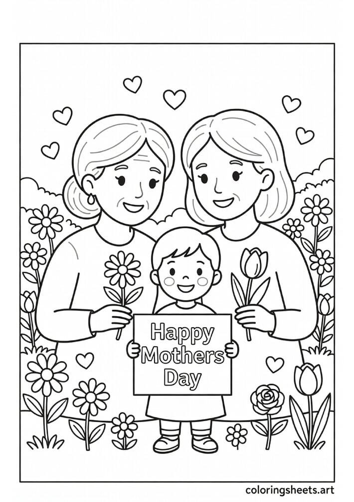 Three generations grandma mom and grandchild with flowers and Happy Mothers Day sign in spring garden Mothers Day coloring page — free printable PDF