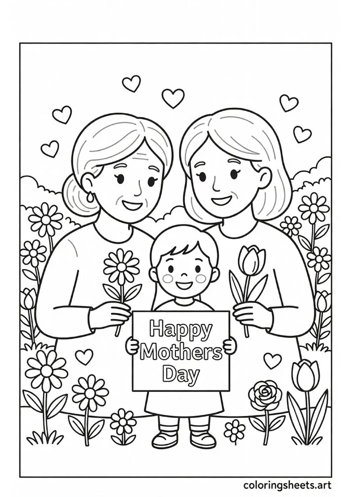 Three generations grandma mom and grandchild with flowers and Happy Mothers Day sign in spring garden Mothers Day coloring page — free printable PDF