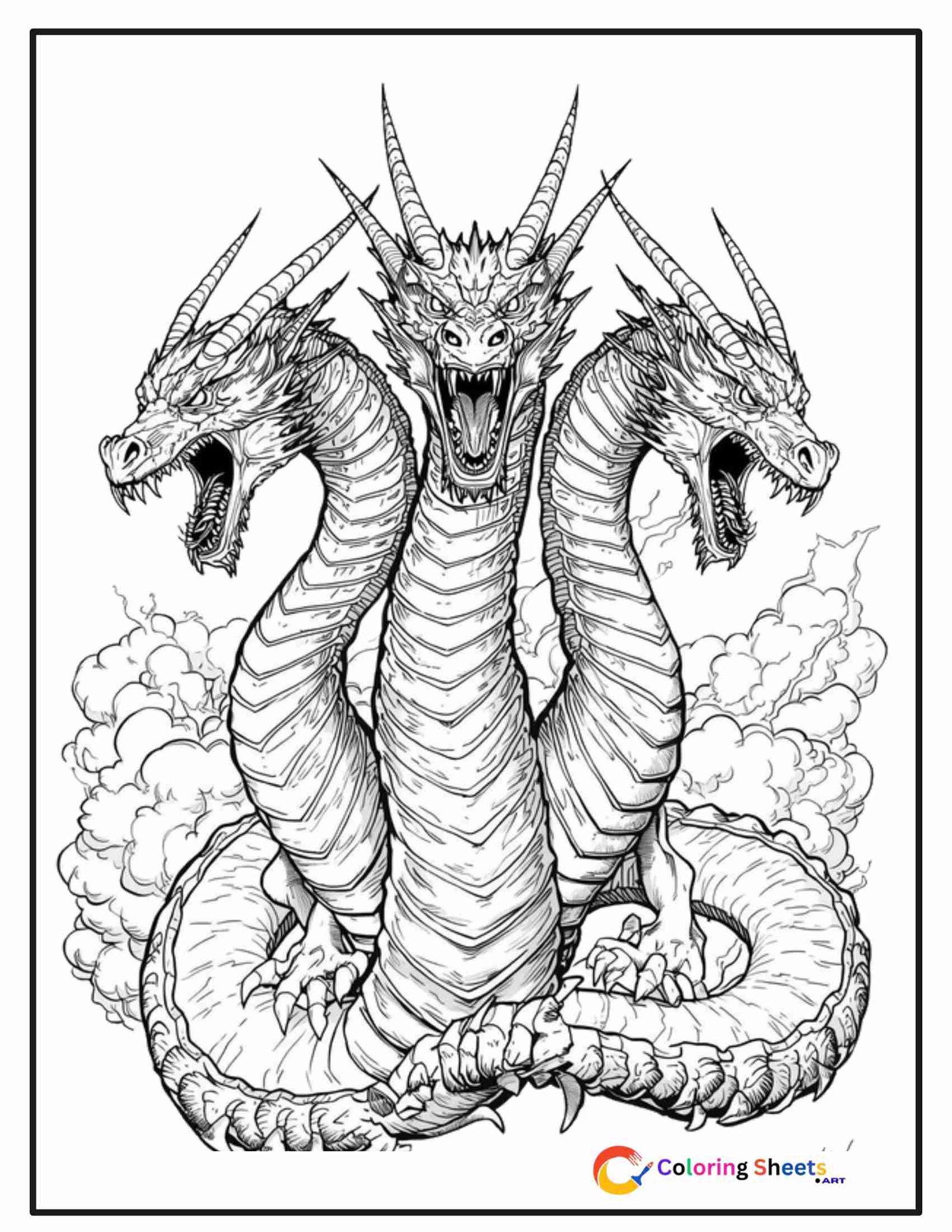 Scary black and white coloring page of a three-headed hydra dragon with intertwined necks, dripping fangs, and a stormy lightning background