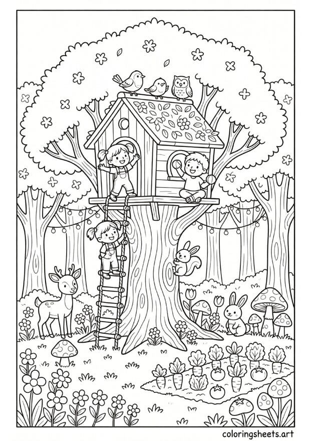 Charming tree house in magical forest with children birds animals and vegetable garden Earth Day coloring page for kids — free printable PDF