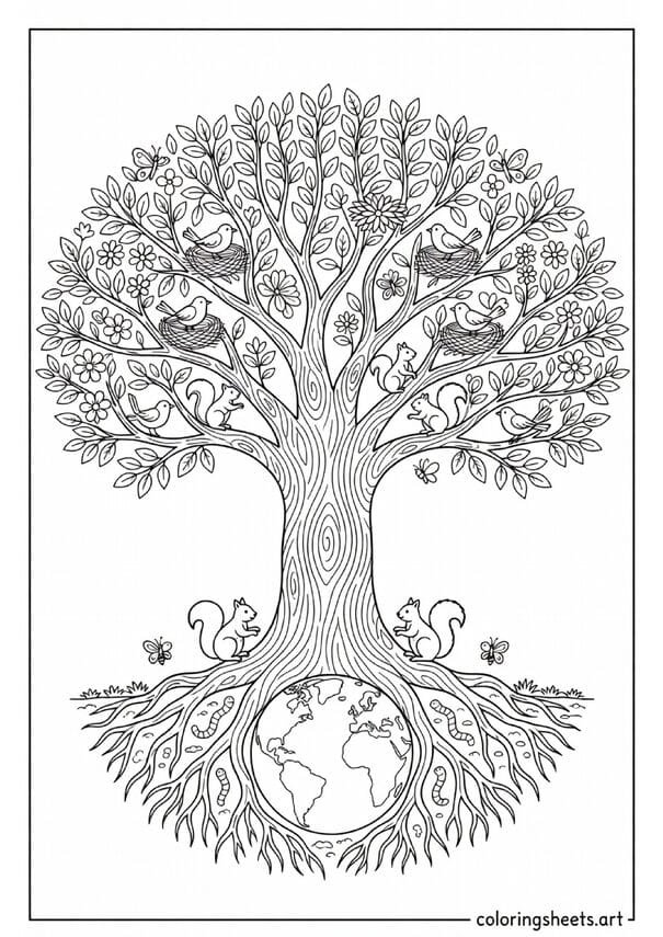 Beautiful tree of life with birds squirrels butterflies and underground ecosystem Earth Day coloring page — free printable PDF
