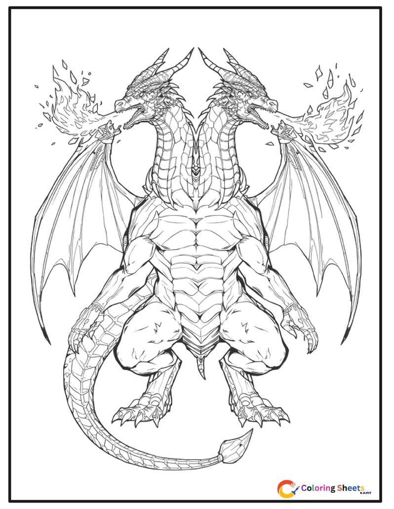 Adult coloring page of a twin-headed dragon with one head breathing fire and the other ice, detailed armored scales and large bat wings