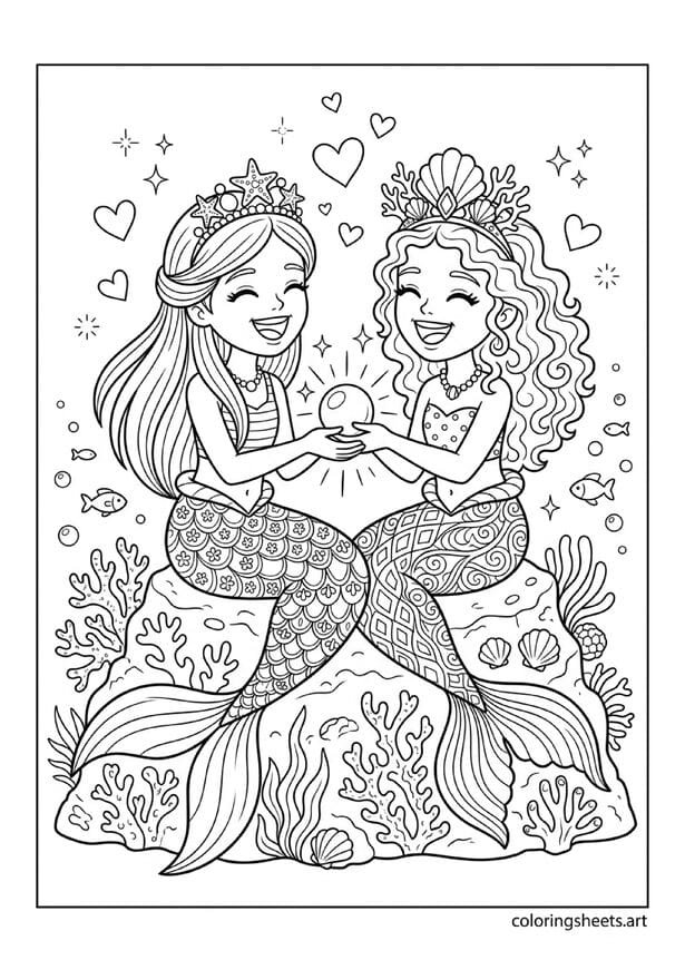 Two mermaid princesses best friends on coral rock with different crowns tail patterns laughing sharing glowing pearl hearts sparkles coloring page — free printable PDF