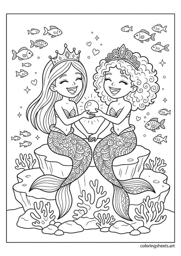 Two mermaid princesses with different crowns and tails holding hands sharing glowing pearl with hearts sparkles and fish coloring page — free printable PDF