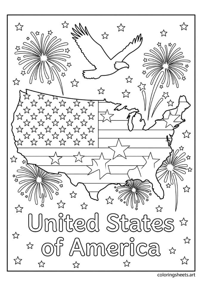 Decorative USA map outline filled with stars and stripes with fireworks bald eagle silhouette United States of America text 4th of July coloring page — free printable PDF