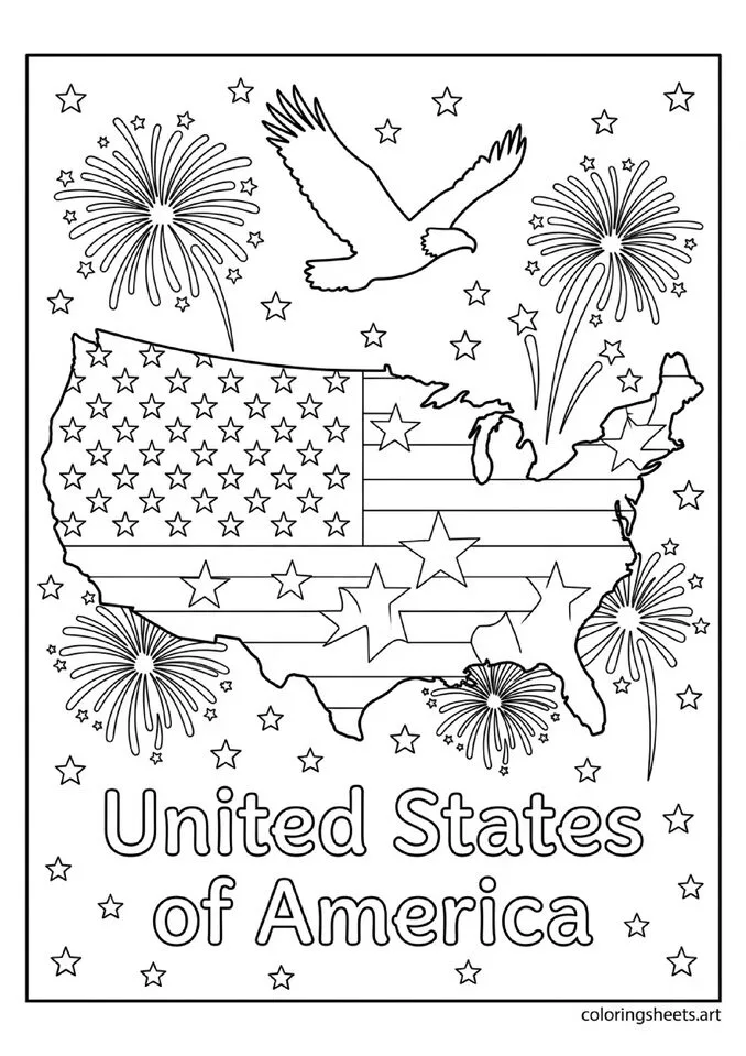 Decorative USA map outline filled with stars and stripes with fireworks bald eagle silhouette United States of America text 4th of July coloring page — free printable PDF