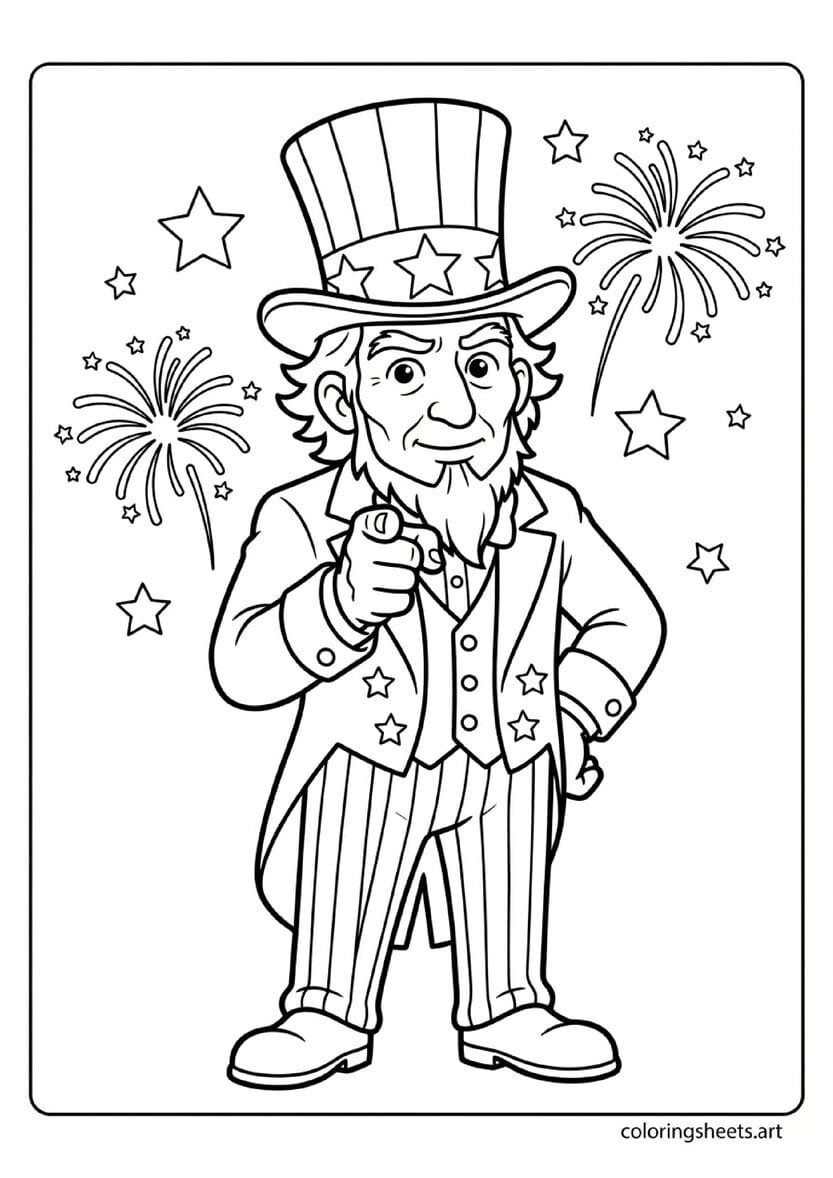 Classic Uncle Sam in top hat blue tailcoat striped pants pointing forward in I Want You pose with stars and fireworks 4th of July coloring page — free printable PDF