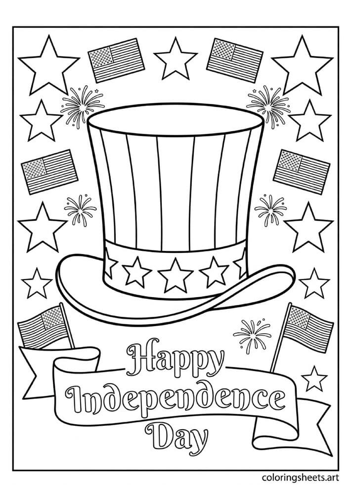 Uncle Sam top hat with stripes and star band surrounded by large stars American flags and fireworks Happy Independence Day ribbon 4th of July coloring page — free printable PDF