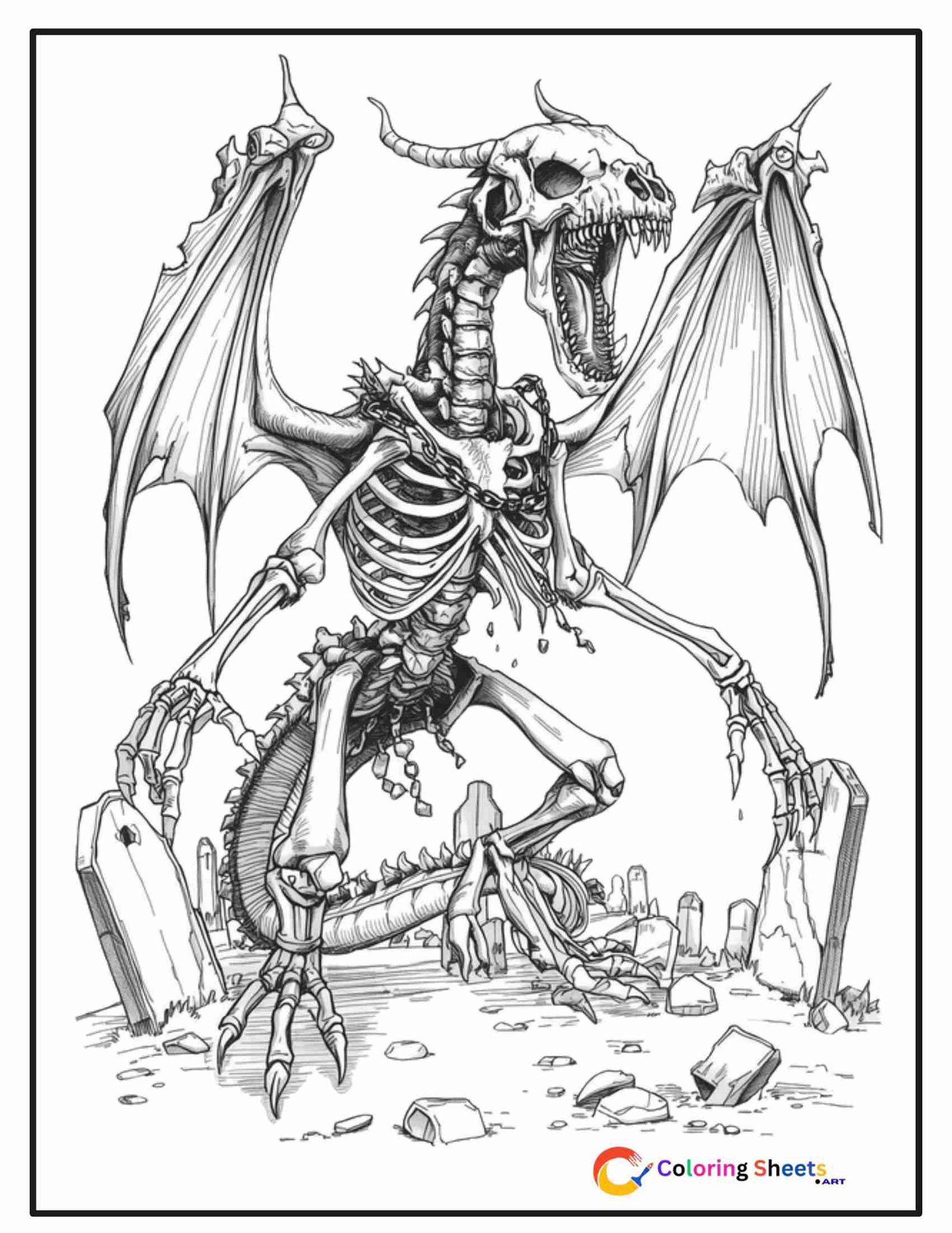 Gothic horror coloring page of an undead skeletal dragon with exposed ribs, decaying wings, and chains in a graveyard setting