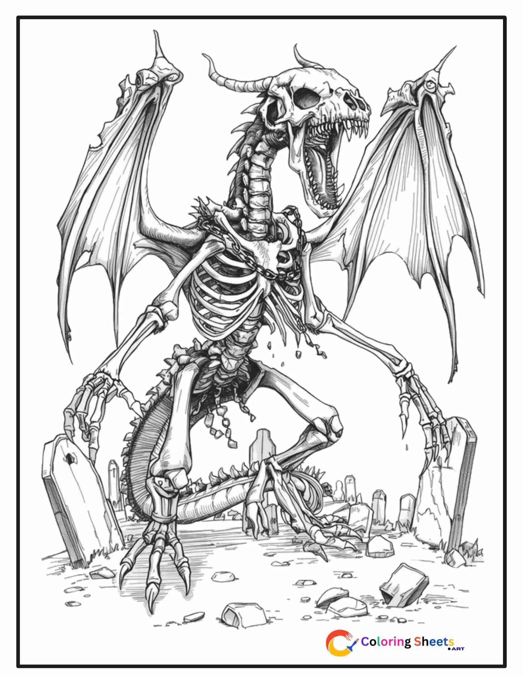 Gothic horror coloring page of an undead skeletal dragon with exposed ribs, decaying wings, and chains in a graveyard setting