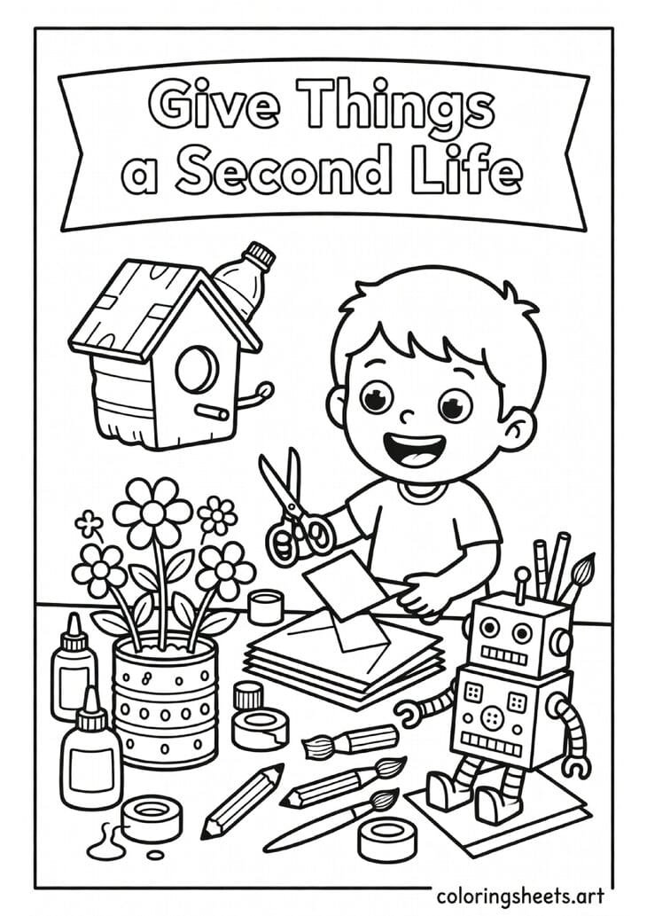 Old things become new again! This creative upcycling Earth Day coloring page shows a child turning bottles and cans into planters and birdhouses, a wonderfully imaginative and inspiring scene for kids.
