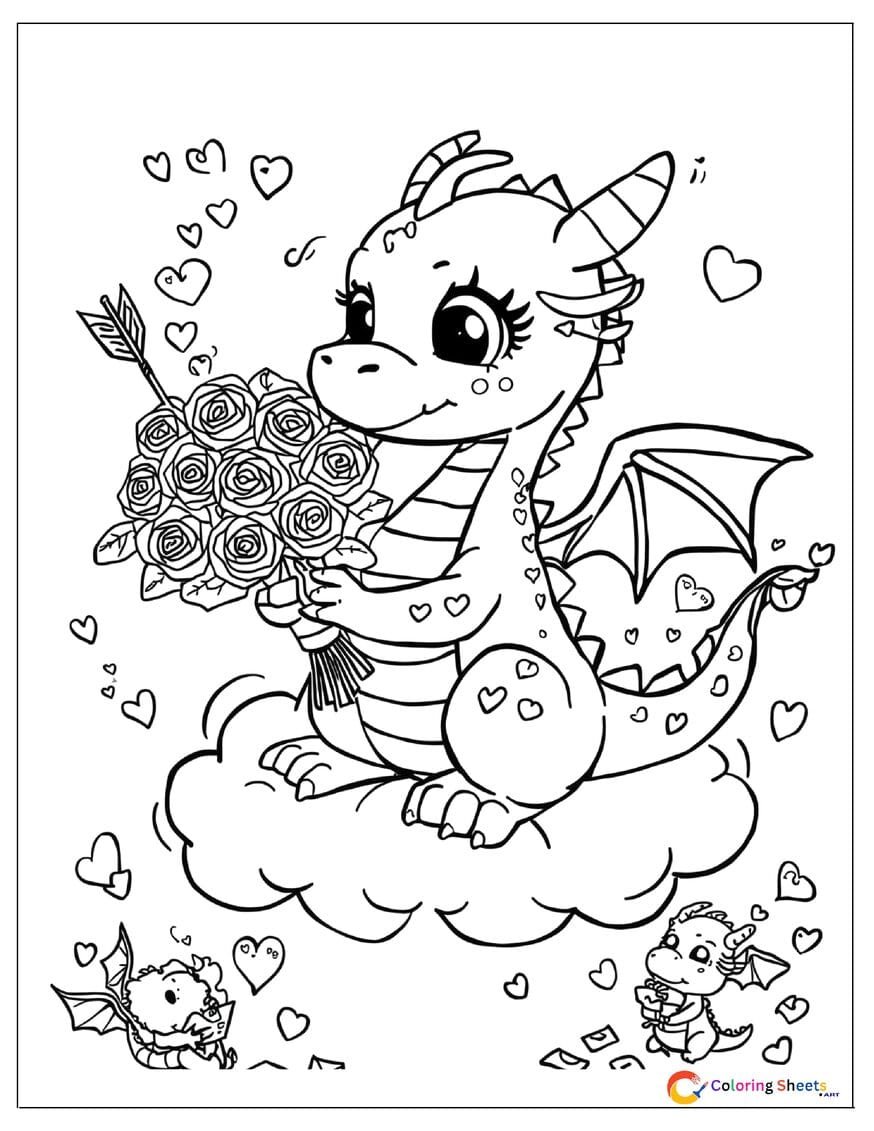 Sweet cartoon Valentine dragon coloring page breathing heart flames holding a rose bouquet with heart-patterned scales and love letters , free printable PDF