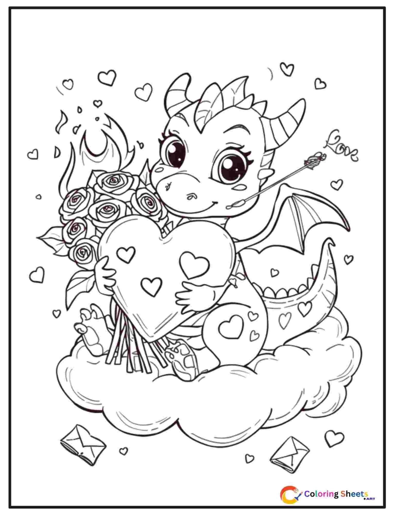 Valentine's Day coloring page of a romantic dragon breathing heart-shaped flames while holding a rose bouquet surrounded by floating hearts and love letters