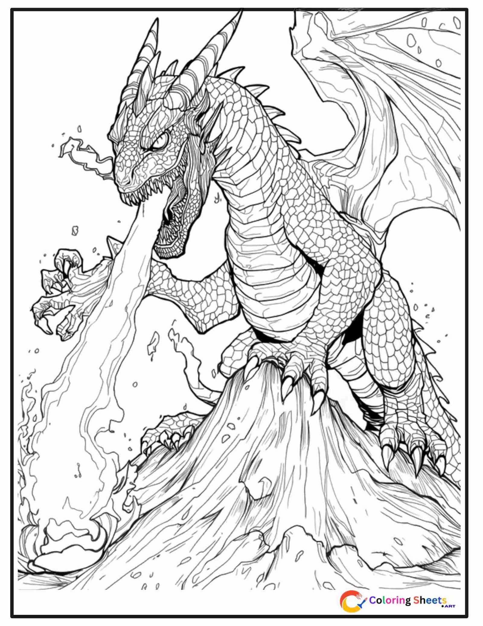 Scary realistic coloring page of a volcanic dragon with lava-cracked scales roaring fire while standing on top of an erupting volcano