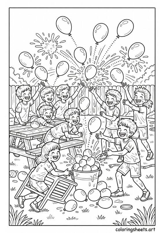 American backyard water balloon fight with two teams bursting balloons splash effects and kids diving for cover summer coloring page — free printable PDF