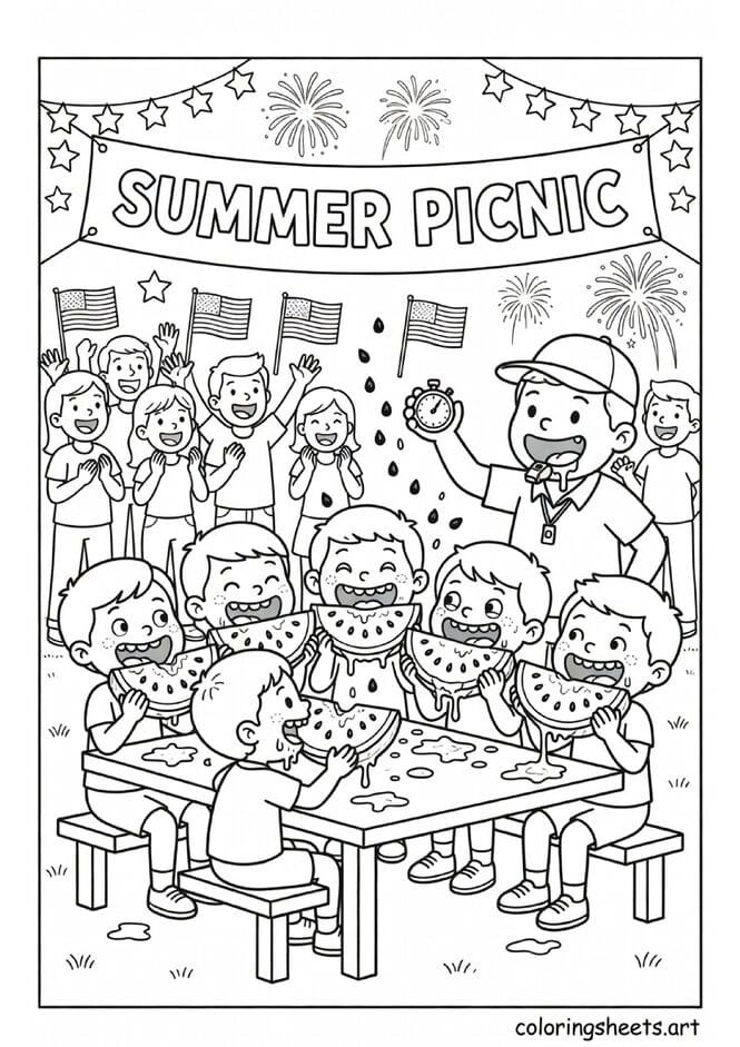 Kids in watermelon eating contest at picnic table with juice flying seeds referee and cheering crowd summer coloring page