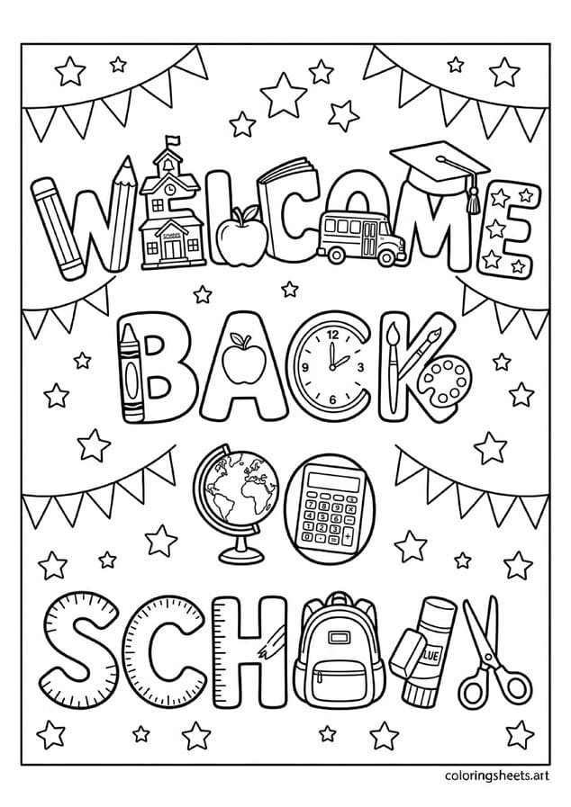 Welcome Back to School bold bubble letters with bus apple book pencil star and school building designs in each letter back to school coloring page — free printable PDF