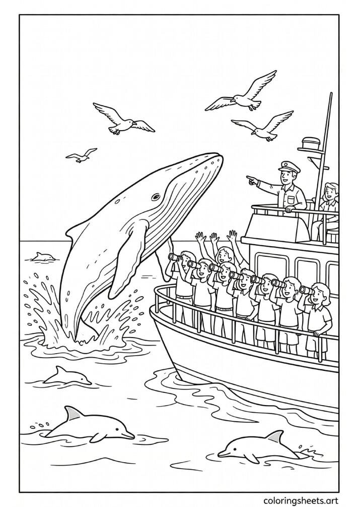 American whale watching boat with tourists watching humpback whale breaching dramatically beside boat with seagulls summer coloring page — free printable PDF