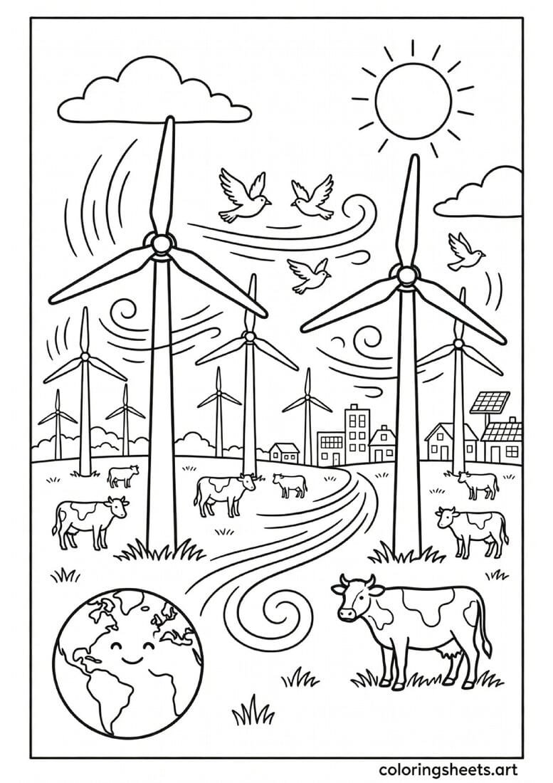 Wind turbines in green field with cows birds and clean energy town Earth Day coloring page for kids — free printable PDF