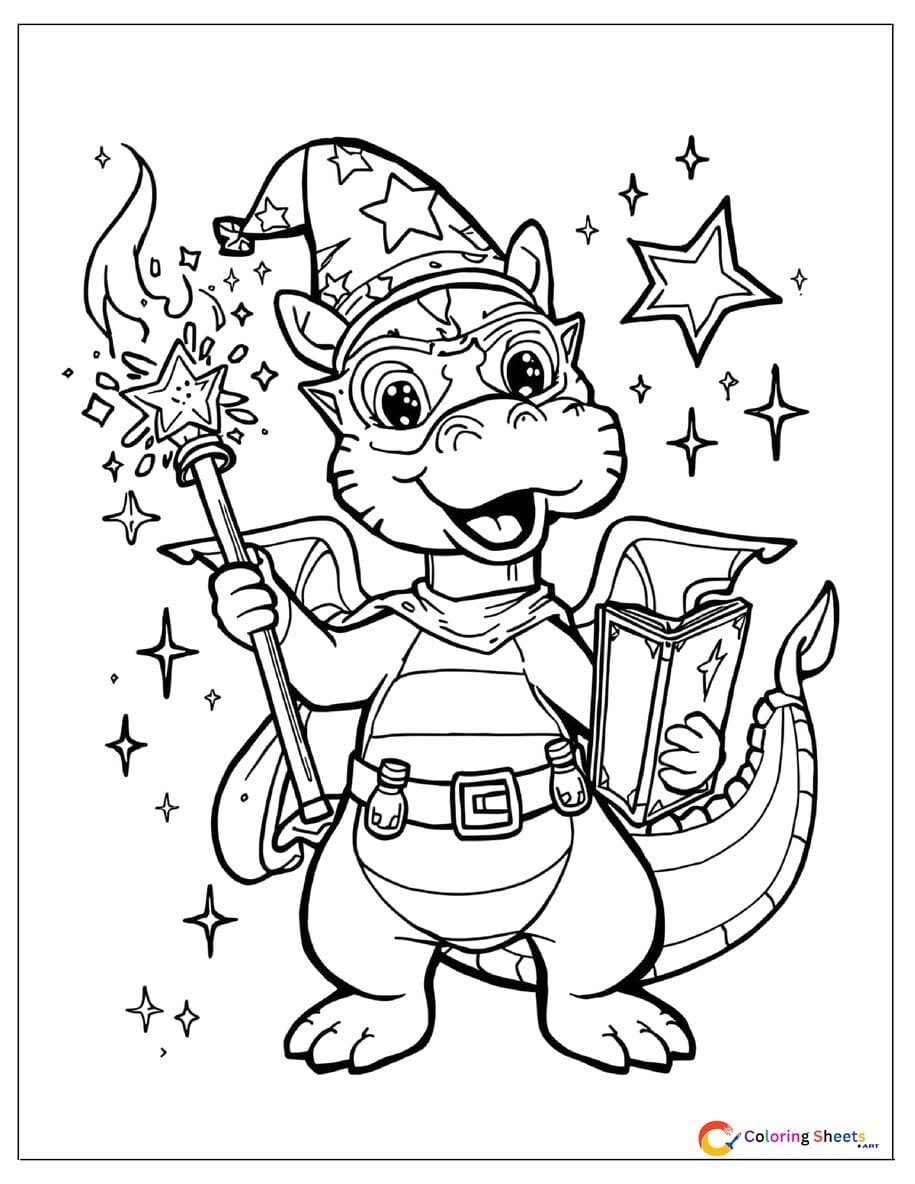 Cartoon wizard superhero dragon coloring page wearing star hat and mask holding a magic staff with sparkles , free printable PDF for kids
