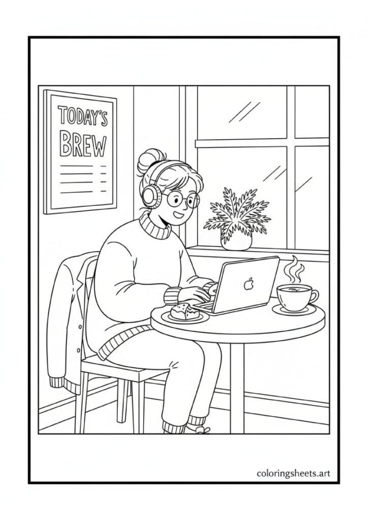 Cartoon person café table laptop coffee cup headphones focused potted plant windowsill Today's Brew chalkboard jacket on chair coloring page — free printable PDF