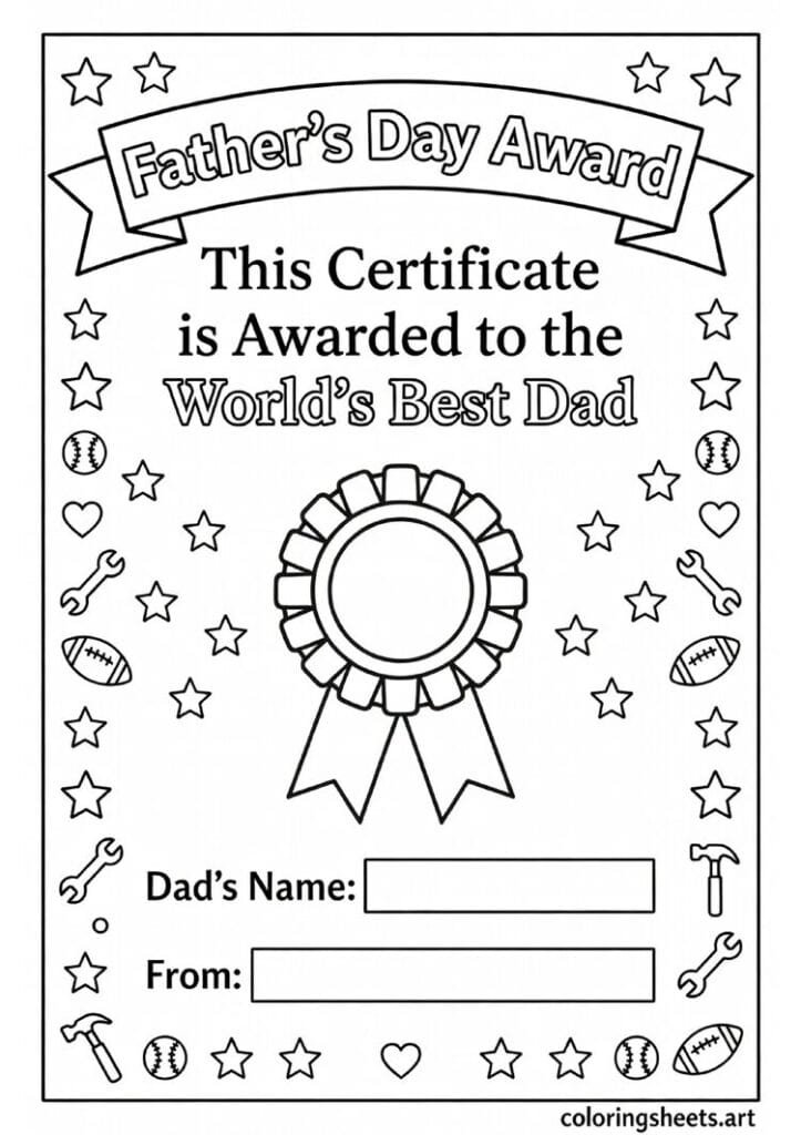 World's Best Dad award certificate with rosette badge stars sports equipment border and name spaces Fathers Day coloring page for kids — free printable PDF
