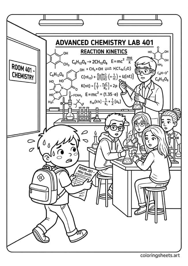Funny cartoon kid walking into wrong high school chemistry classroom confused with schedule in hand back to school coloring page — free printable PDF
