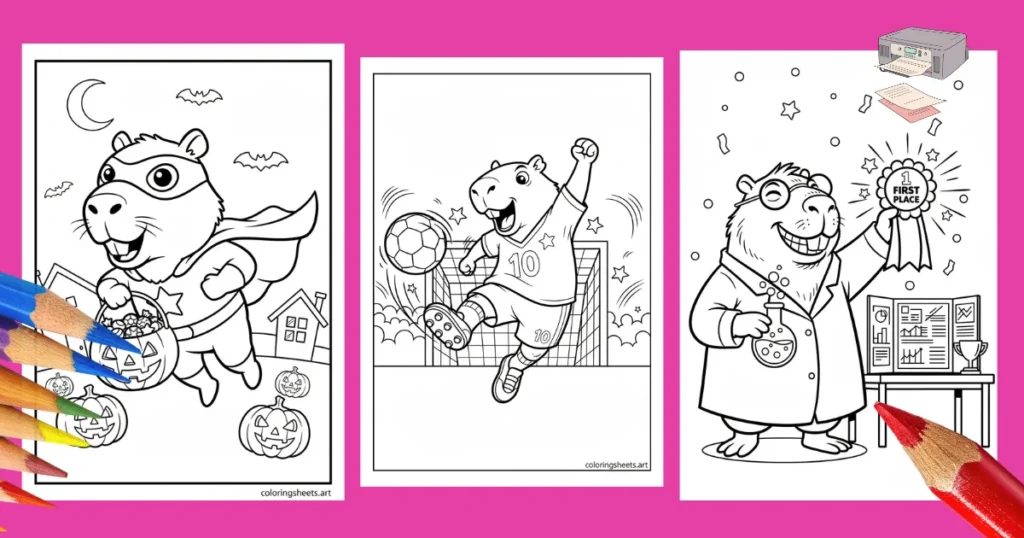 Cartoon Capybara Coloring Pages, Printables PDF