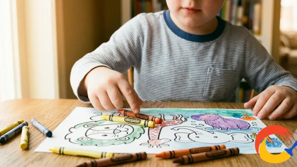 A child selecting a brown crayon from among several placed on a table over a coloring page featuring a lion and a purple hippopotamus.