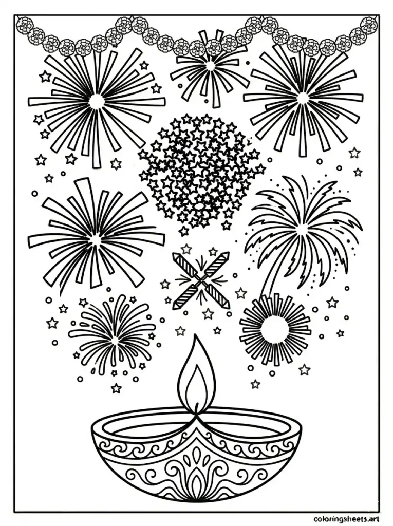 Diwali diya with fireworks crackers coloring pages for kids free