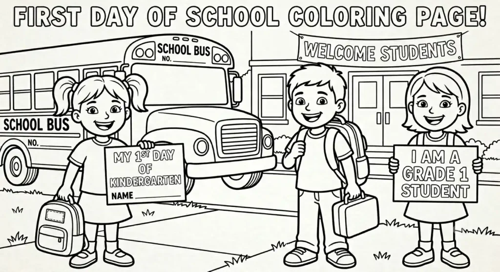 First Day of School Coloring Pages printable pdf for kids and grade 1