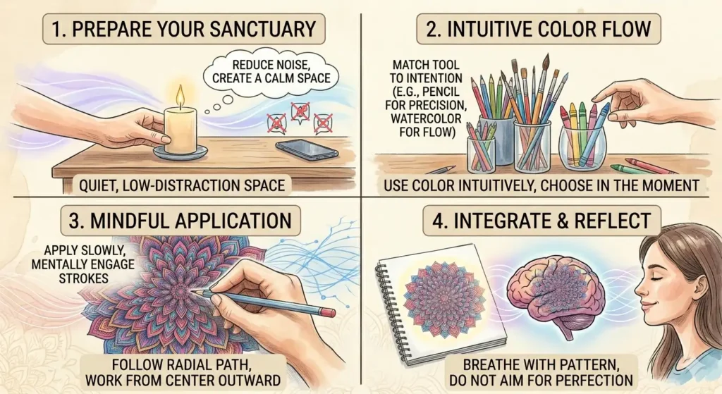 Four-step guide for mindful mandala coloring: prepare, choose tools, apply color, and reflect.