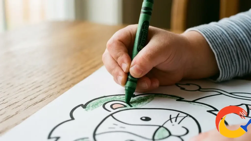A close-up of a child's hand gripping a green crayon tightly while coloring a lion coloring page.