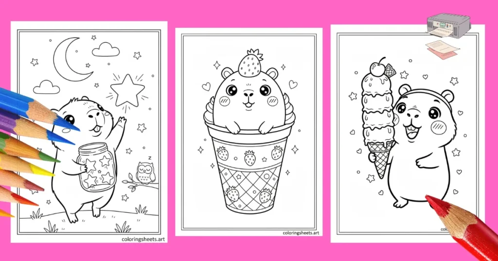 Kawaii Capybara Coloring Pages (Printable PDF) for kids