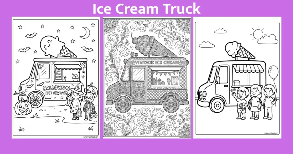 Free ice cream truck coloring pages for all ages. 36 bold outline sheets. Print at home or use our online coloring tool