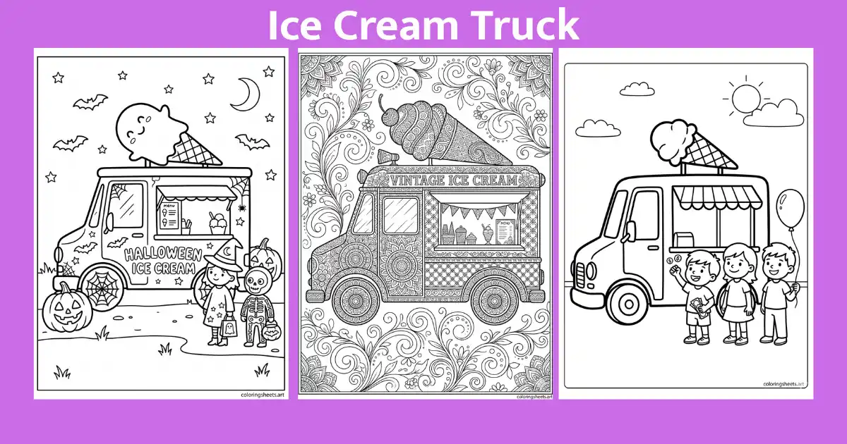Free ice cream truck coloring pages for all ages. 36 bold outline sheets. Print at home or use our online coloring tool