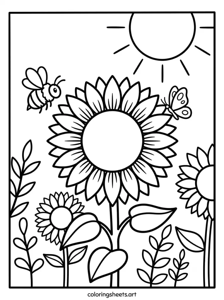 Sunflower bumblebee butterfly simple coloring sheet for toddlers free printable