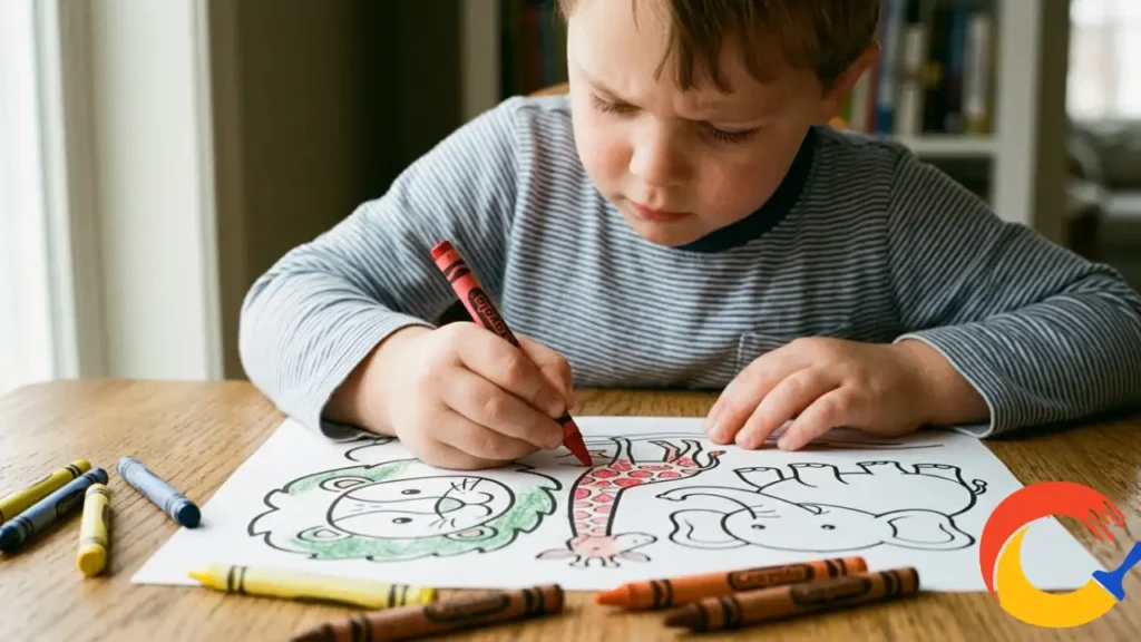 A child focused on coloring a page featuring a lion, a giraffe, and an elephant using a red crayon at a table.