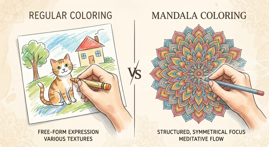 Comparison showing free-form crayon coloring vs. structured, symmetrical mandala pencil art.