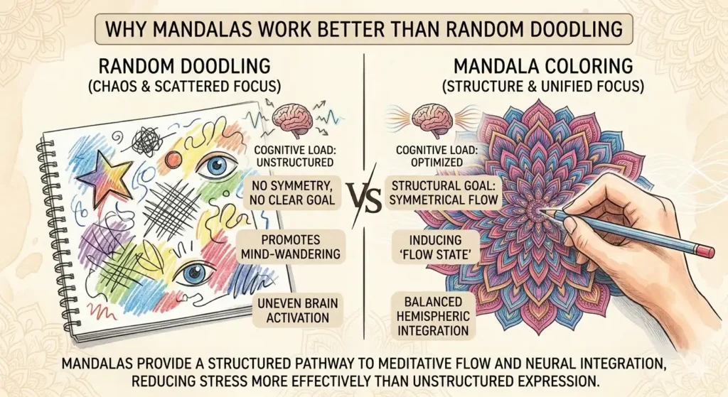 Graph comparing unstructured doodle chaos vs. structured mandala flow and neural integration.