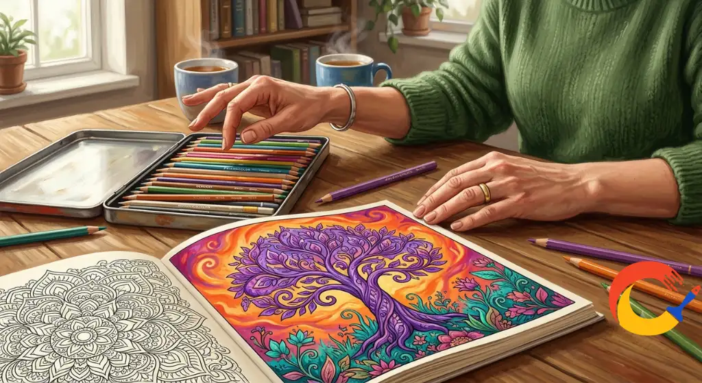 An adult confidently choosing colors for a coloring page with no pressure