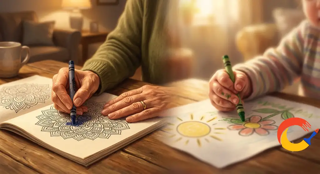 An adult hand coloring next to a childhood photo, representing nostalgia