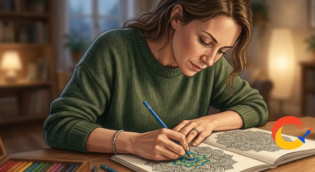 An adult in deep focus coloring a highly detailed mandala-style pattern