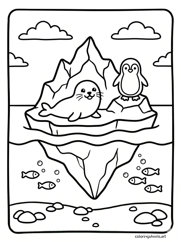 Ocean coloring pages for kids printable PDF with an iceberg and Arctic Ocean wildlife scene
