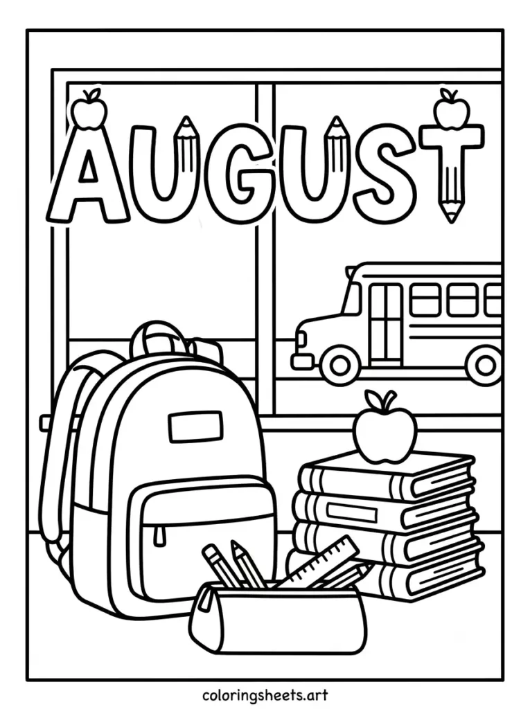 Back to school supplies in August coloring page for kids printable